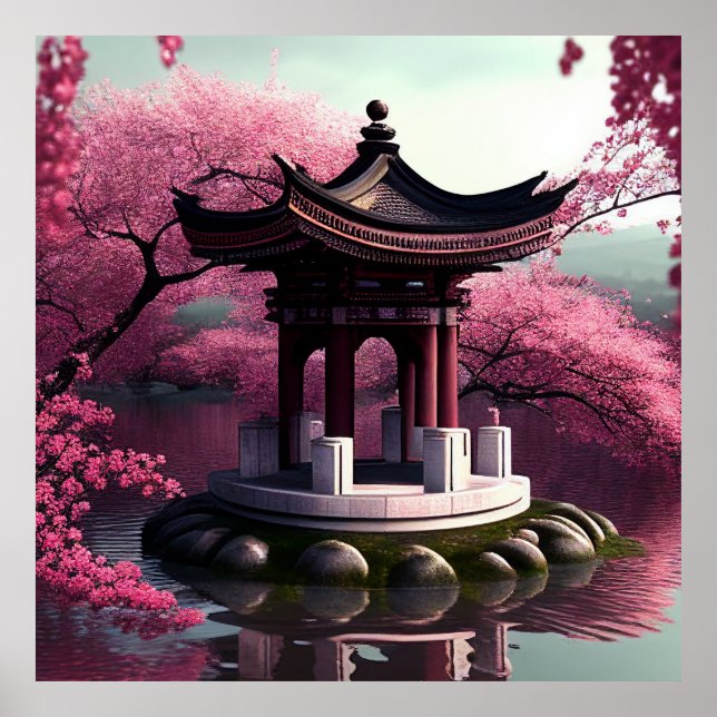 Sakura Cherry Blossom Garden Shrine Pond Japanisch Poster (Vorne)