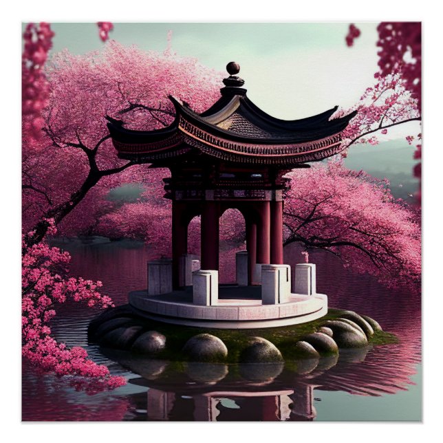 Sakura Cherry Blossom Garden Shrine Pond Japanisch Poster (Vorderseite)