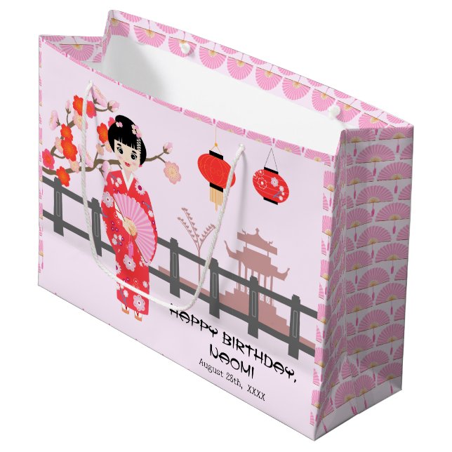 Sakura Cherry Blossom Japanisches Mädchen Geburtst Große Geschenktüte (Vorderseite Schrägansicht)