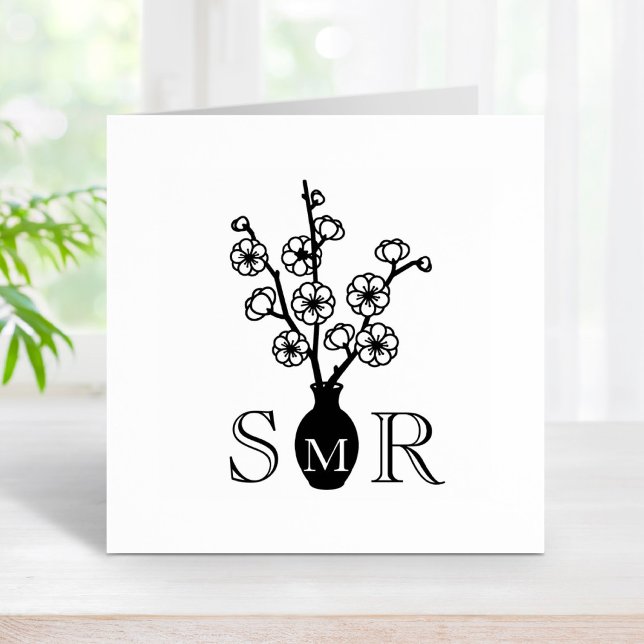 Sakura Cherry Blossom Vase Monogram Initialen Gummistempel (Von Creator hochgeladen)