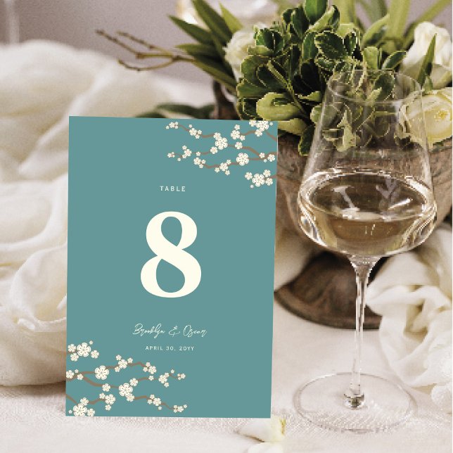 Sakura Cherry Blossoms Asiatische Hochzeitsfeier T Tischnummer (Ivory White/Cream Sakura Cherry Blossoms Elegant Asian Wedding Table Number Card @ fat_fa_tin)