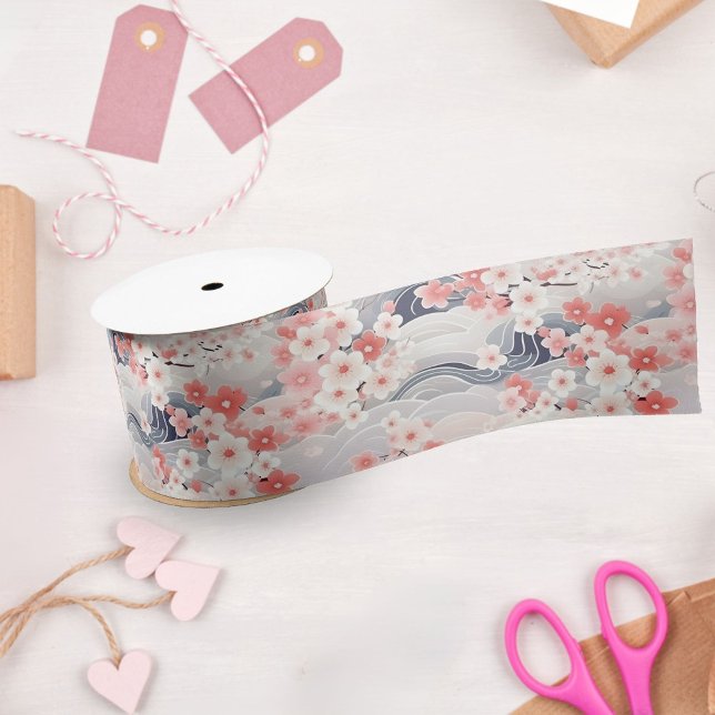 Sakura Floral Navy Waves Satinband (Von Creator hochgeladen)