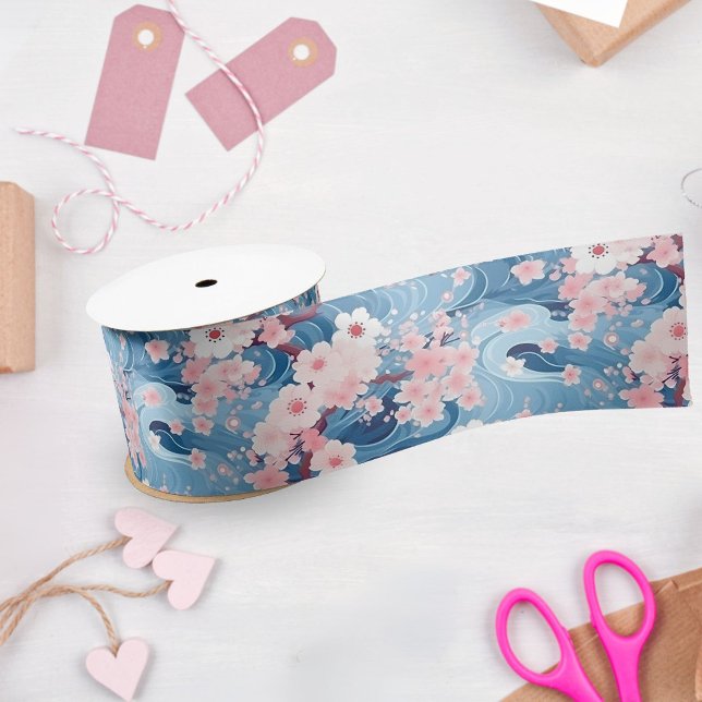 Sakura Floral Navy Waves Satinband (Von Creator hochgeladen)