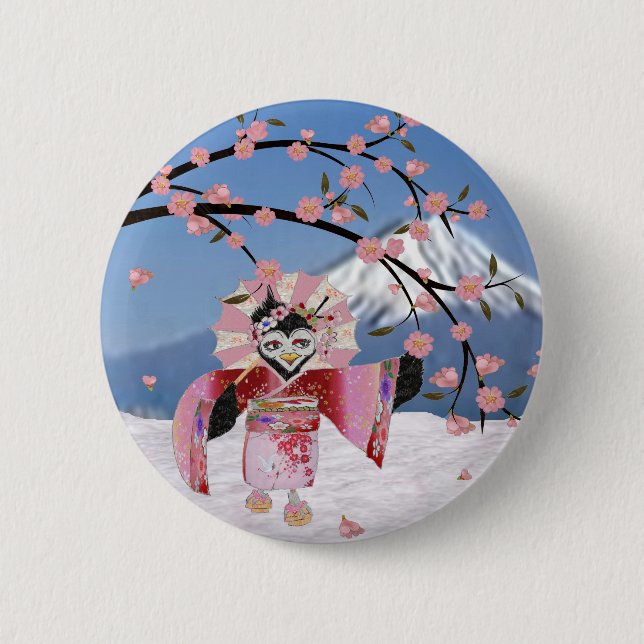 Sakura Geisha Bird in den Snow-Cherry-Blüten Button (Vorderseite)