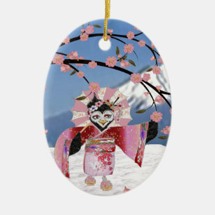 Sakura Geisha Bird in den Snow-Cherry-Blüten Keramikornament