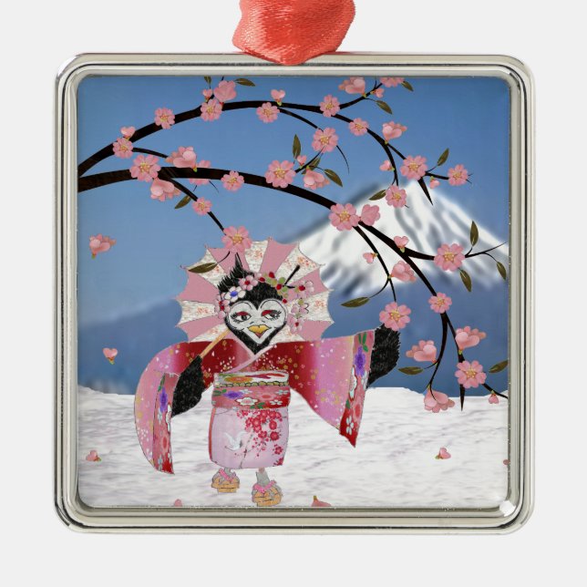 Sakura Geisha Bird in den Snow-Cherry-Blüten Ornament Aus Metall (Vorne)