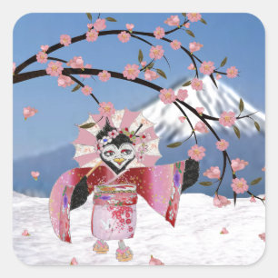 Sakura Geisha Bird in den Snow-Cherry-Blüten Quadratischer Aufkleber