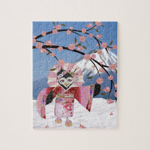 Sakura Geisha-Vogel im Schnee Kirschblüten Puzzle