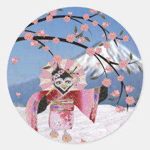 Sakura Geisha-Vogel im Schnee Kirschblüten Runder Aufkleber