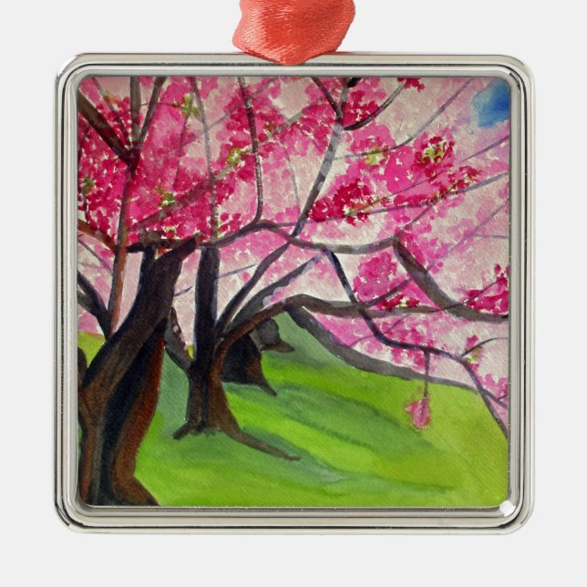 Sakura Japanese Cherry Blossom Art Silbernes Ornament (Vorne)