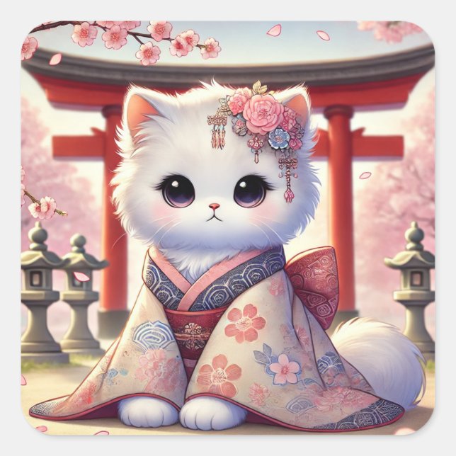 Sakura Kimono Cat in Japan Quadratischer Aufkleber (Vorderseite)