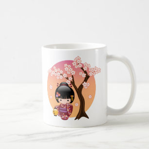 Sakura Kokeshi Doll - Geisha Girl on Peach Coffee  Kaffeetasse