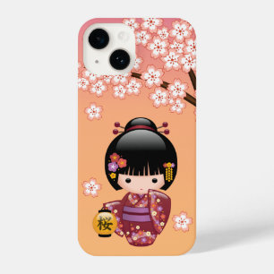 Sakura Kokeshi Doll - Geisha Girl on Peach iPhone 14 Hülle