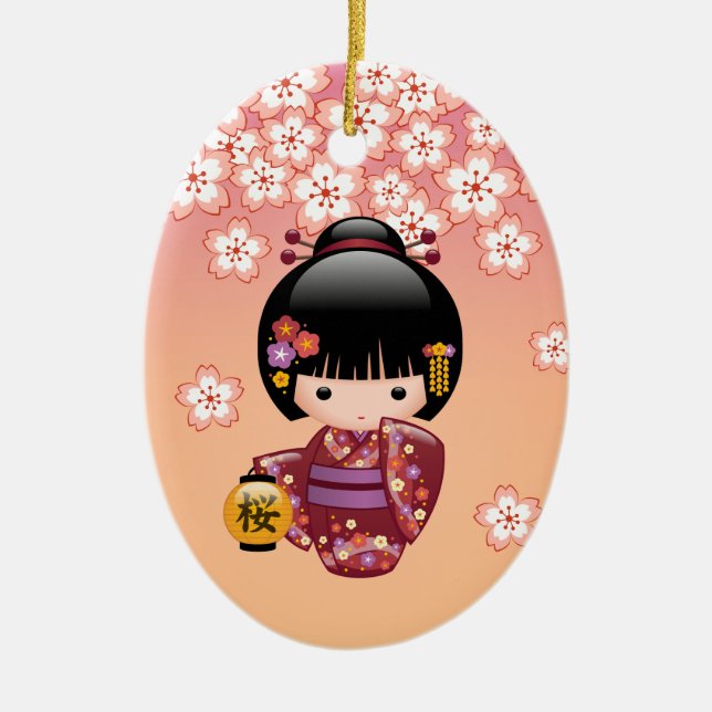 Sakura Kokeshi Doll - Geisha Girl on Peach Keramik Ornament (Vorne)