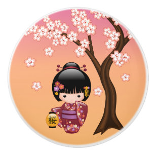 Sakura Kokeshi Doll - Geisha Girl on Peach Keramikknauf
