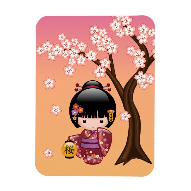 Sakura Kokeshi Doll - Geisha Girl on Peach Magnet (Vertikal)