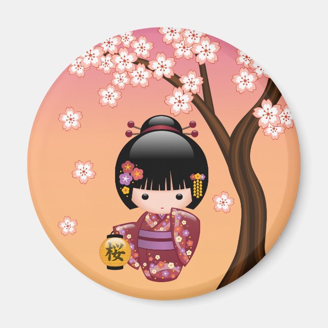 Sakura Kokeshi Doll - Geisha Girl on Peach Magnet (Vorne)