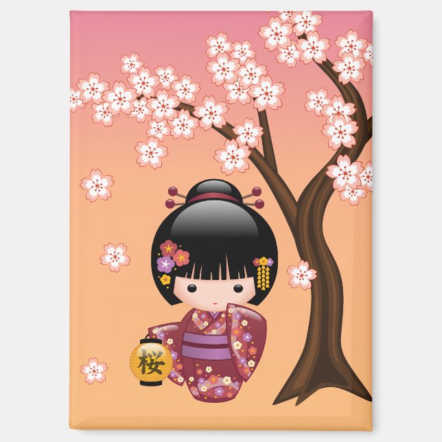 Sakura Kokeshi Doll - Geisha Girl on Peach Magnet (Vorderseite)