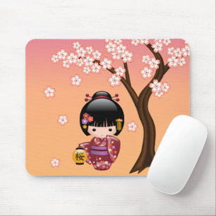 Sakura Kokeshi Doll - Geisha Girl on Peach Mousepad