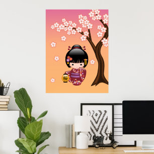 Sakura Kokeshi Doll - Geisha Girl on Peach Poster