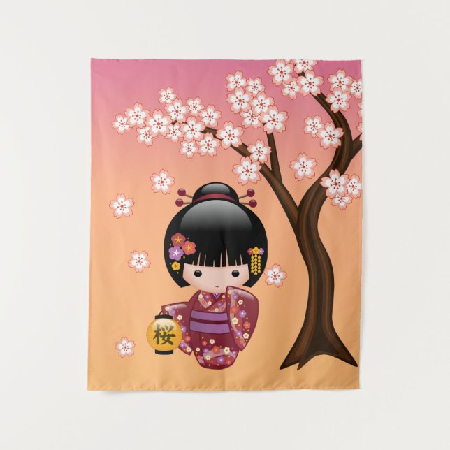 Sakura Kokeshi Doll - Geisha Girl on Peach Wandteppich (Vorderseite)