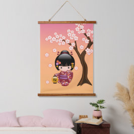 Sakura Kokeshi Doll - Geisha Girl on Peach Wandteppich Mit Holzrahmen