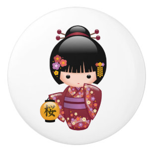 Sakura Kokeshi Doll - Geisha Girl on White Keramikknauf