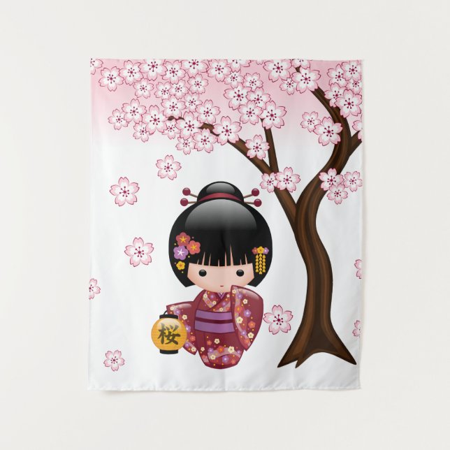 Sakura Kokeshi Doll - Niedliches japanisches Geish Wandteppich (Vorderseite)