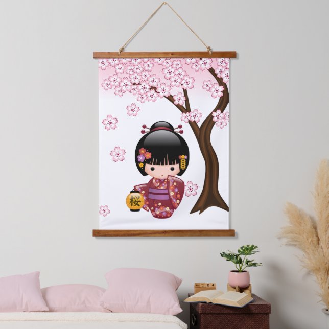 Sakura Kokeshi Doll - Niedliches japanisches Geish Wandteppich Mit Holzrahmen (Schlafzimmer)