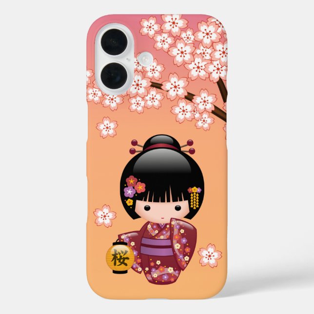 Sakura Kokeshi-Puppe Geisha-Mädchen auf Orange Case-Mate iPhone Hülle (Rückseite)