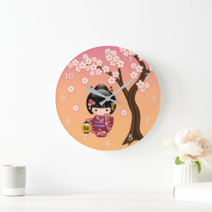 Sakura Kokeshi-Puppe - Geisha-Mädchen auf Pfirsich Große Wanduhr