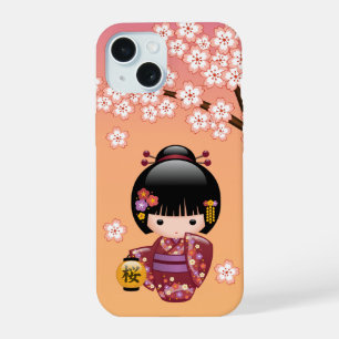 Sakura Kokeshi Puppe - Geisha-Mädchen auf Pfirsich iPhone 15 Hülle