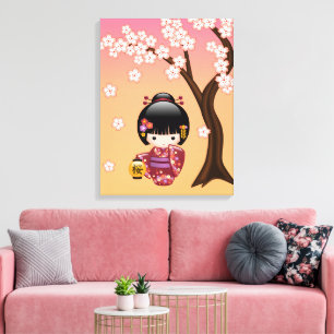 Sakura Kokeshi Puppe - Geisha-Mädchen auf Pfirsich Leinwanddruck