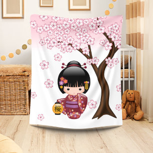Sakura Kokeshi-Puppe - Süßes japanisches Geisha-Mä Fleecedecke
