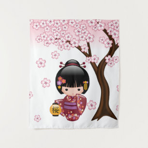 Sakura Kokeshi-Puppe - Süßes japanisches Geisha-Mä Wandteppich