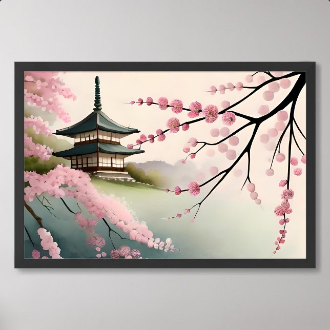 Sakura-Malerei Rosa Japanisch Pagode Gebäude nebel Poster (sakura painting pink japan pagoda building foggy)