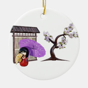 Sakura Puppe mit Mauer und Kirschbaum Keramikornament