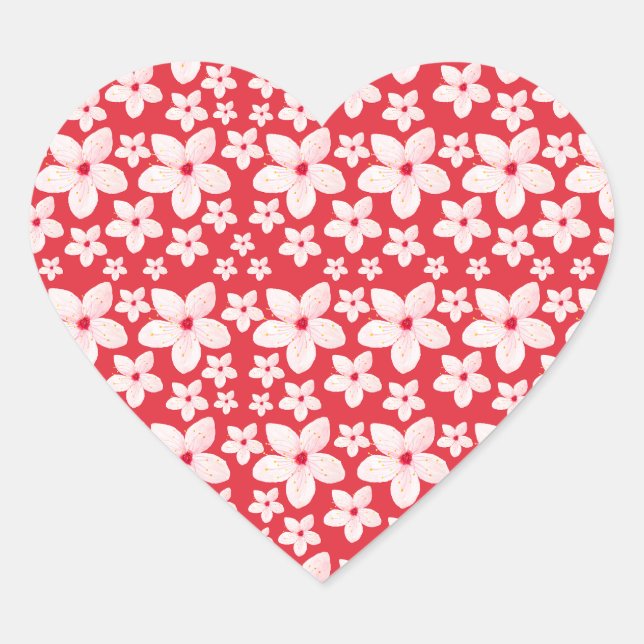 Sakura Rosa Blume Nahtloses Muster Roter Hintergru Herz-Aufkleber (Vorderseite)
