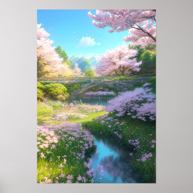 Sakura Stream, Paradies an der Brücke Poster (Vorne)