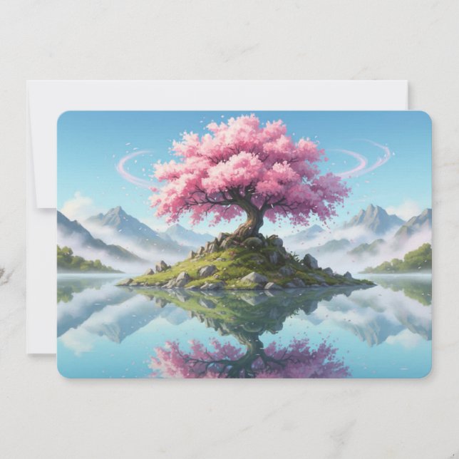 Sakura Tree Lake Landscape Postcard - Artistic Asi Einladung (Vorderseite)