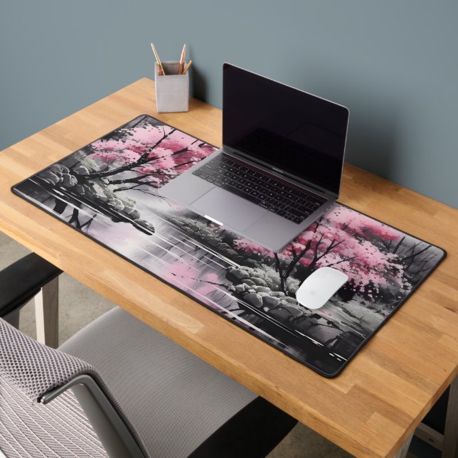Sakura über den Fluss Ink Painting Schreibtischunterlage (Büro 2)