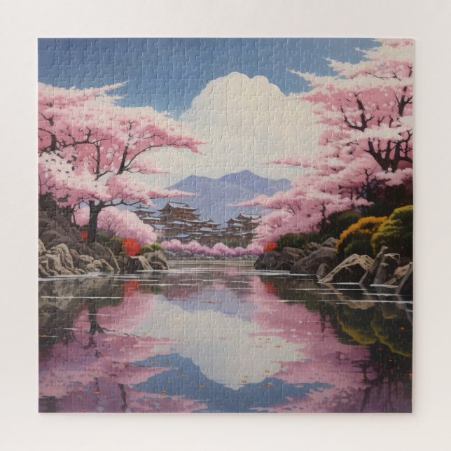 Sakura über Flussufern Puzzle (Vertikal)
