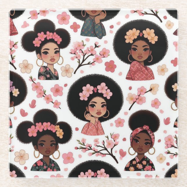 Sakura und Puffs - schwarze Mädchen mit afro puffs Glasuntersetzer (Vorderseite)