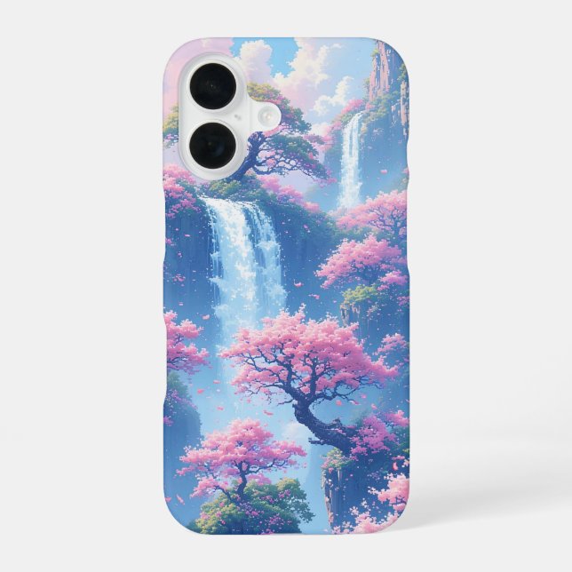 Sakura Wasserfall-Paradies iPhone 16 Hülle (Rückseite)