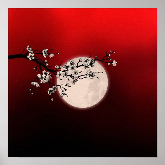 Sakura - weiße Blüte - Mond Poster (Vorne)