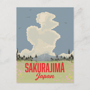 Sakurajima Japan Retro-Reiseplakat. Einladungspostkarte