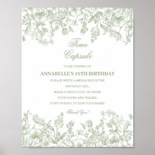 Salbei-Chinoiserie-Blumen-Zeitkapsel-Baby-Geburtst Poster