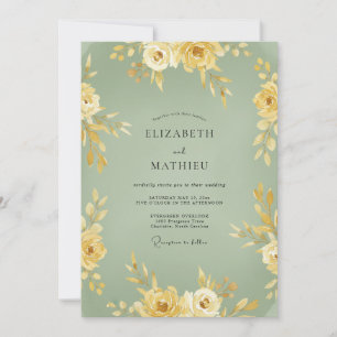 Salbei-Gelb-Blumenromanze-Hochzeit Einladung