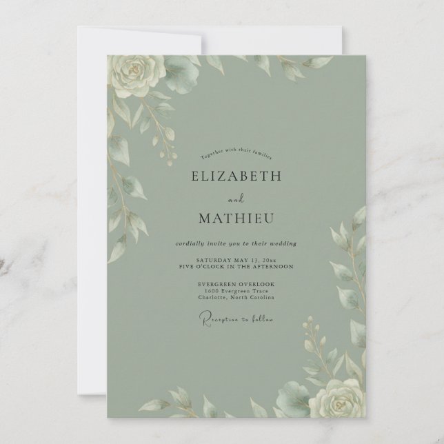 Salbei Gemalte Blätterhochzeit Einladung (Vorderseite)