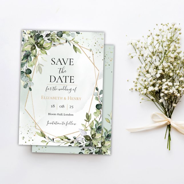 Salbei-Gold-Eukalyptus-Geometrie-Hochzeitstermin Einladung (Von Creator hochgeladen)